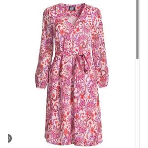 Lands End Midi Dress Long Sleeve Chiffon V Neck Pink Paisley sz 24W EUC